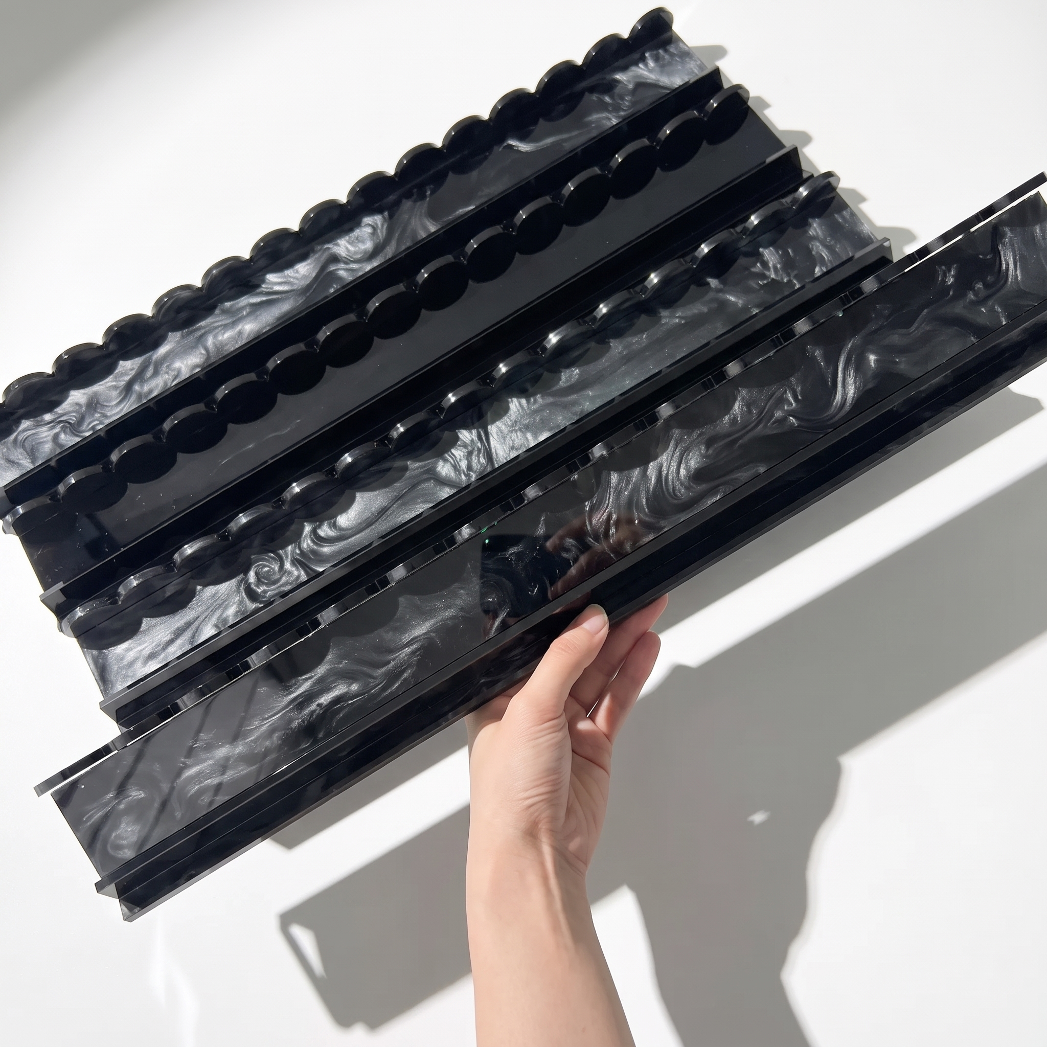 Black Storm Tortoiseshell Acrylic Mahjong Tile Rack Set (4) — Scalloped Edge & Magnetic Pushers - Image 2