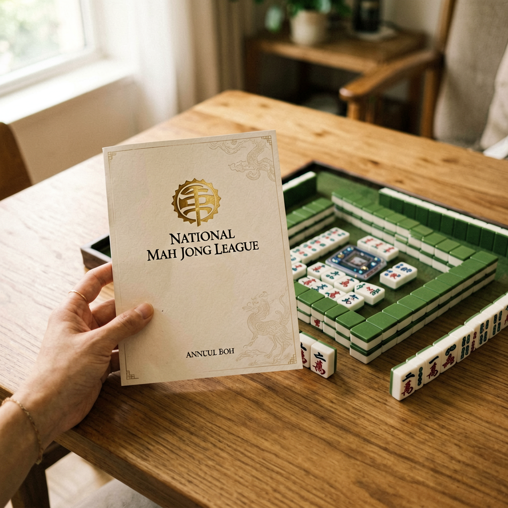 A hand holding the National Mah Jongg League annual card beside a mahjong set