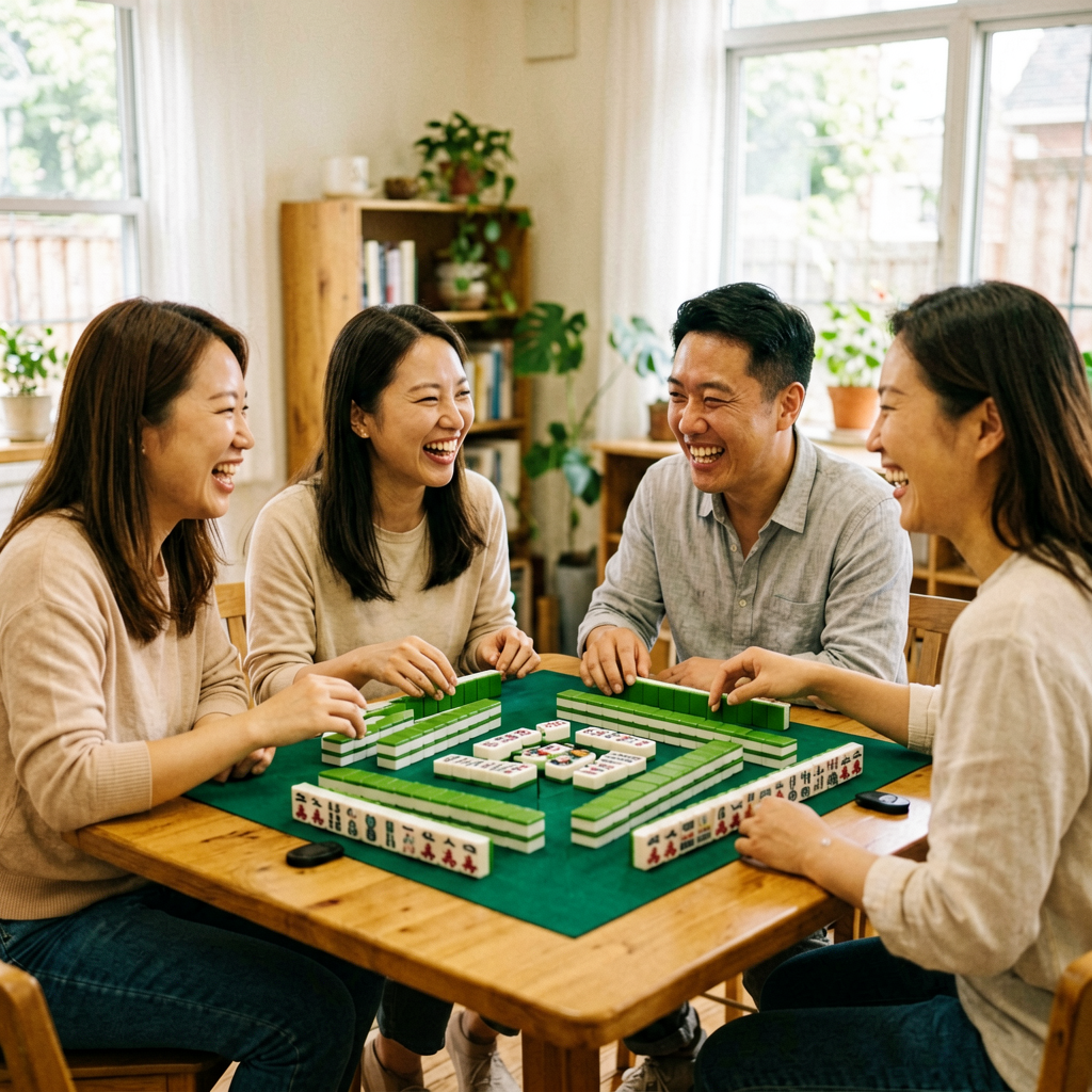 Friends laughing while playing American mahjong together at a table
