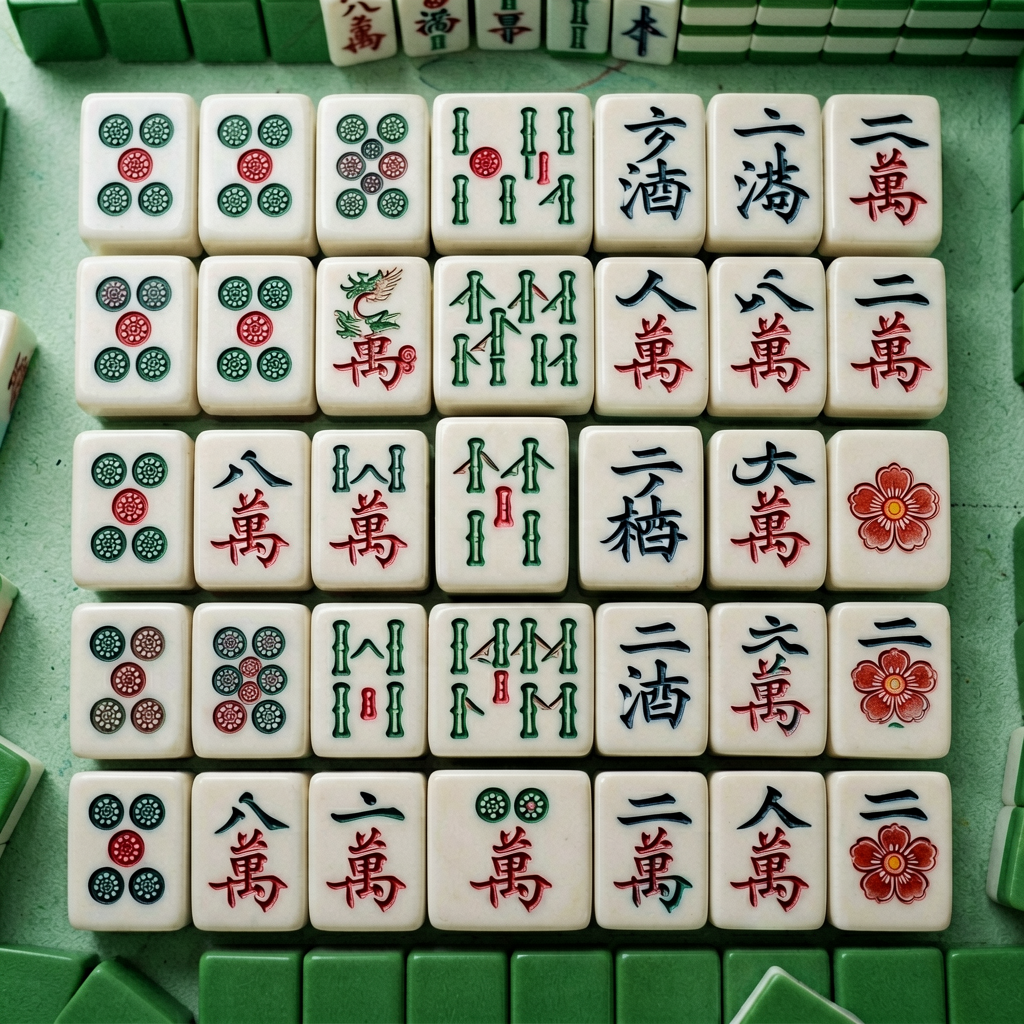 Close-up of American mahjong tiles showing dots, bamboo, characters, dragons and flowers