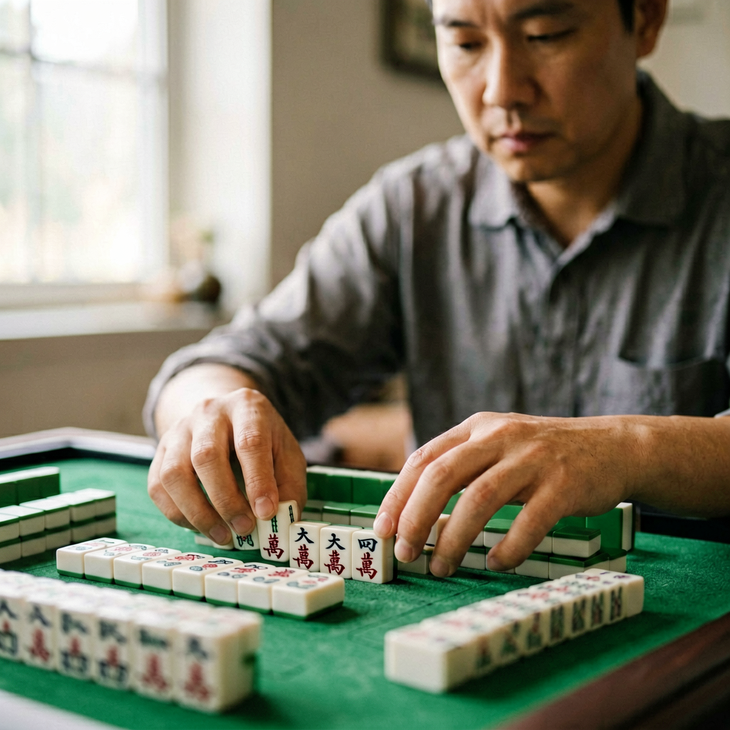 Hands resting on American mahjong tiles while a player studies the rack in concentration