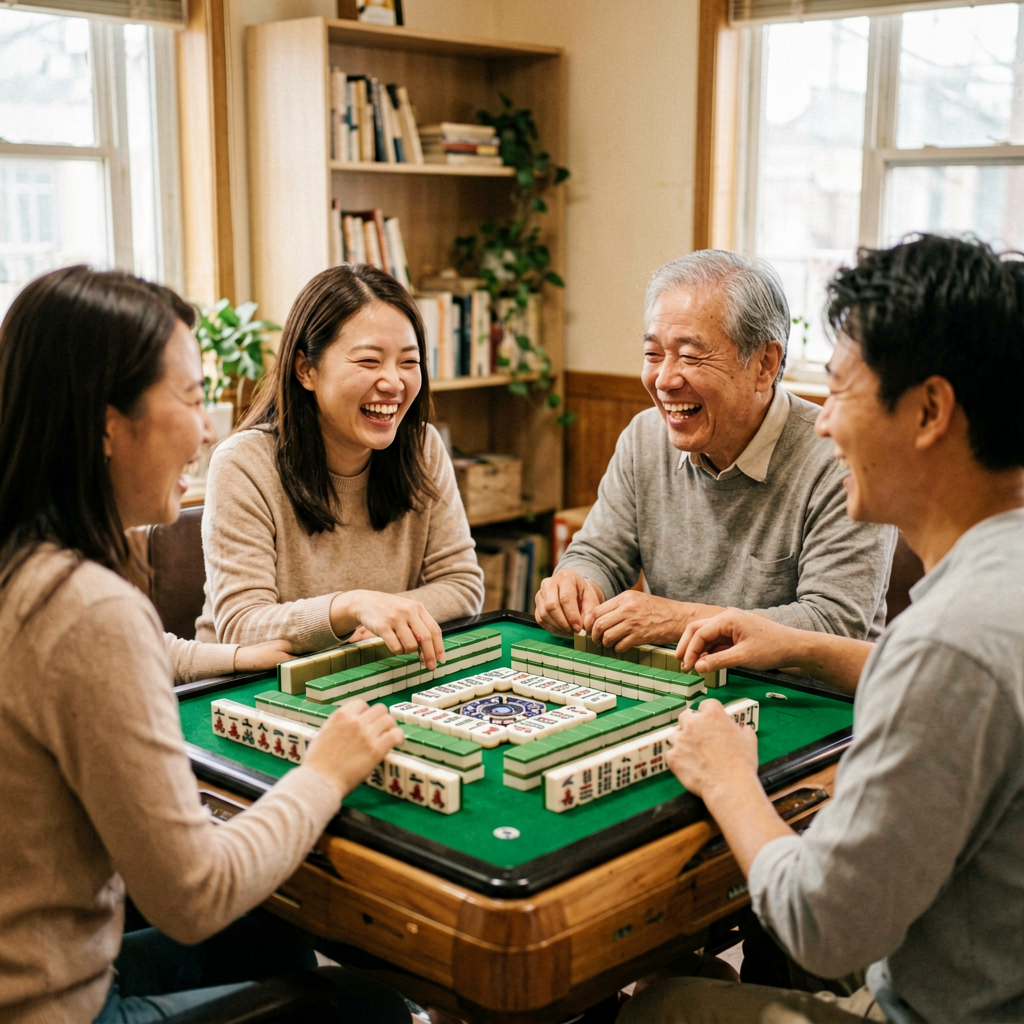 A mixed-age group of friends laughing around a mahjong table, two generations playing together