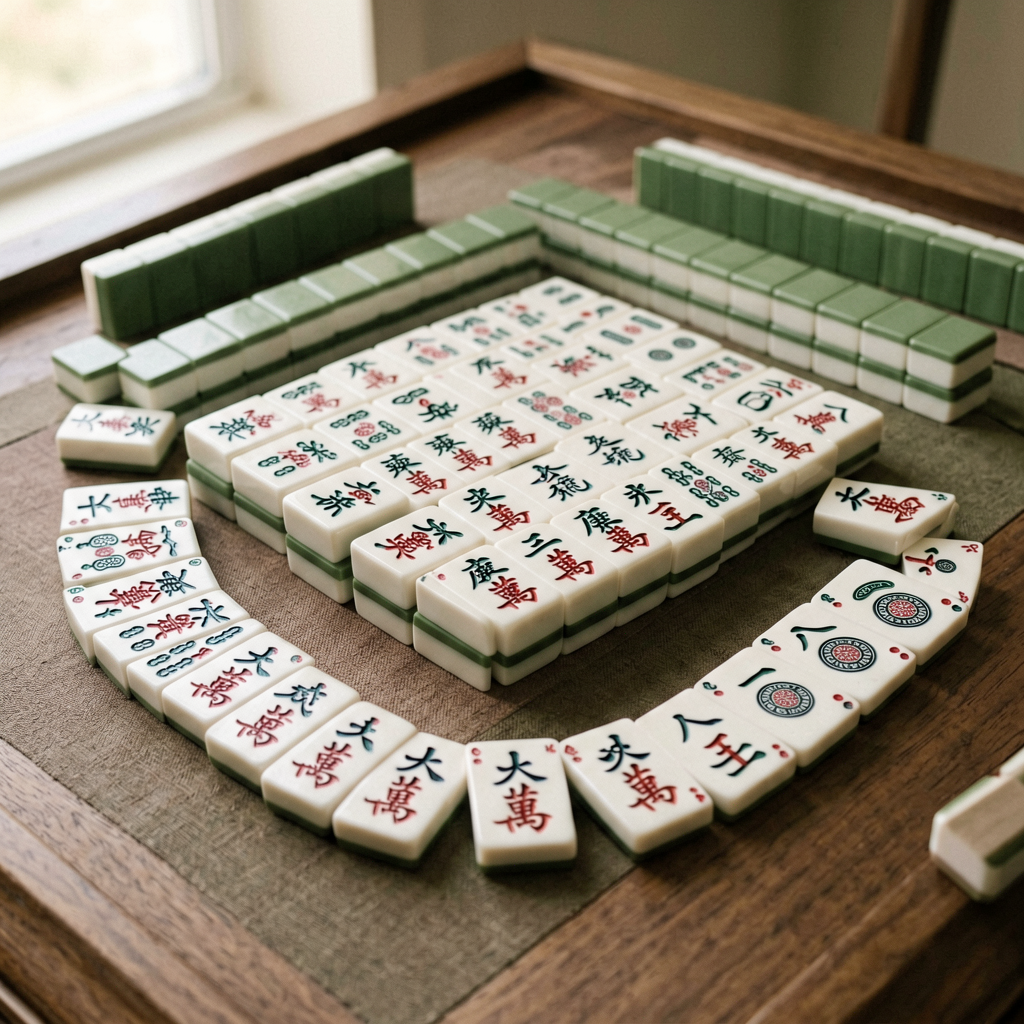 Close-up of a premium American mahjong tile set with engraved characters and joker tiles fanned out