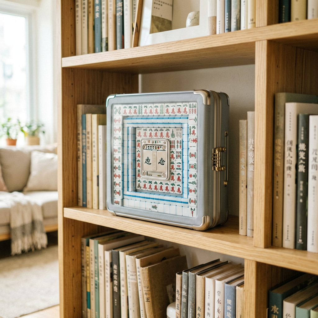 A closed mahjong case standing neatly on a bookshelf among books