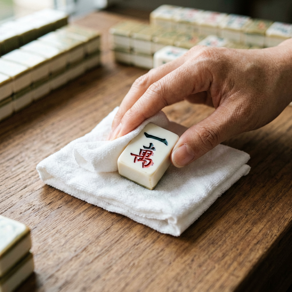 A hand wiping a single engraved American mahjong tile with a soft cloth on a wooden table