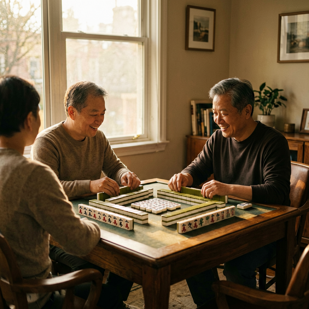 Two friends playing American mahjong at a calm well-lit table, tiles quiet