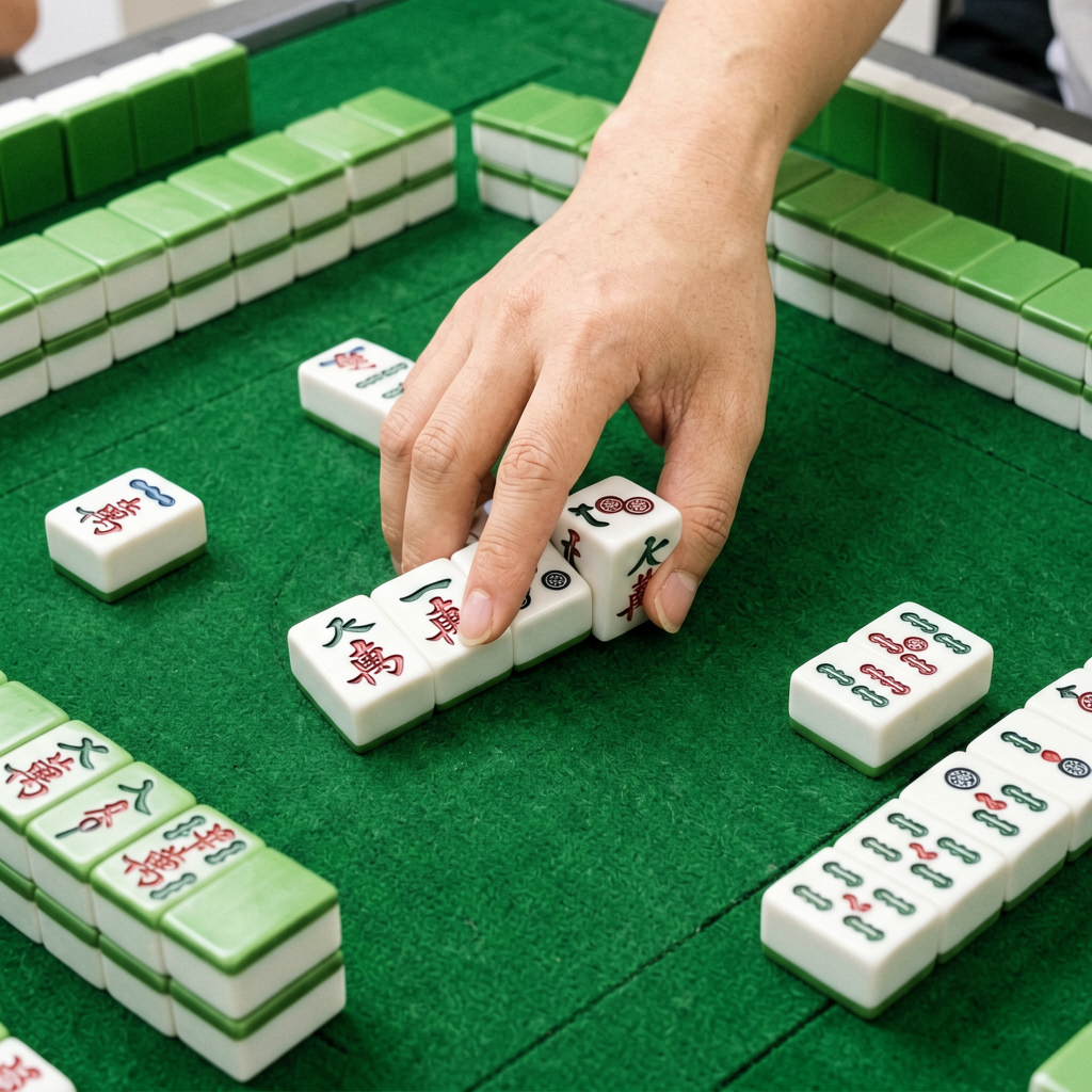 A hand sliding three face-down American mahjong tiles across the table during the Charleston