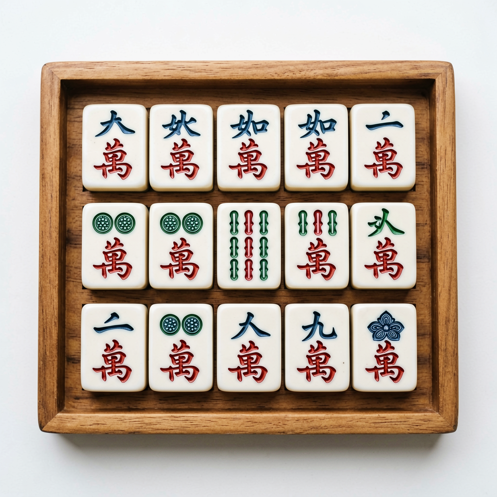 Thirteen American mahjong tiles sorted into groups on a wooden rack with one joker