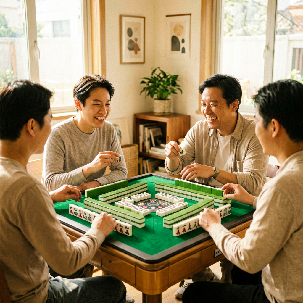 Four friends playing American mahjong together at a sunlit table