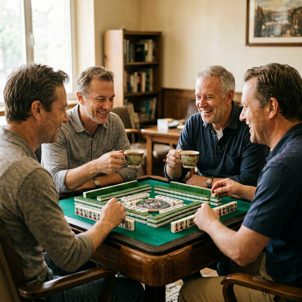 American mahjong club members chatting and smiling over coffee after a game