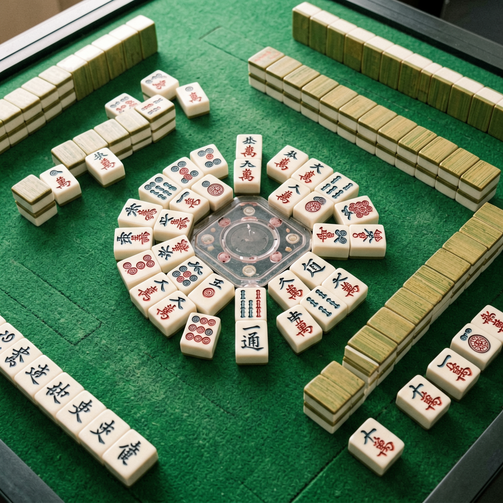 Overhead close-up of a mahjong discard pile showing a history of thrown tiles