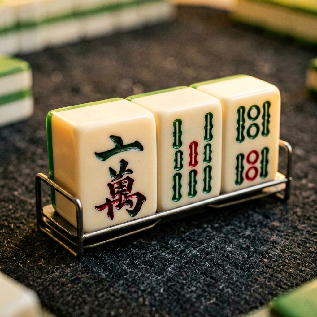 Macro photo of exposed American mahjong pungs and a kong showing what an opponent collects