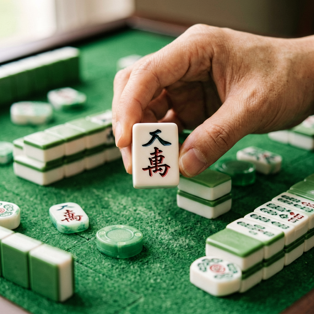 Macro photo of a single safe mahjong tile above a tidy discard row