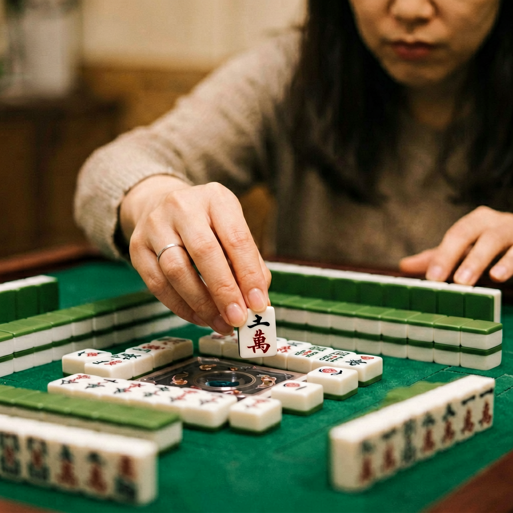 A player's hands placing a tile on the discard pile while calling the move out loud
