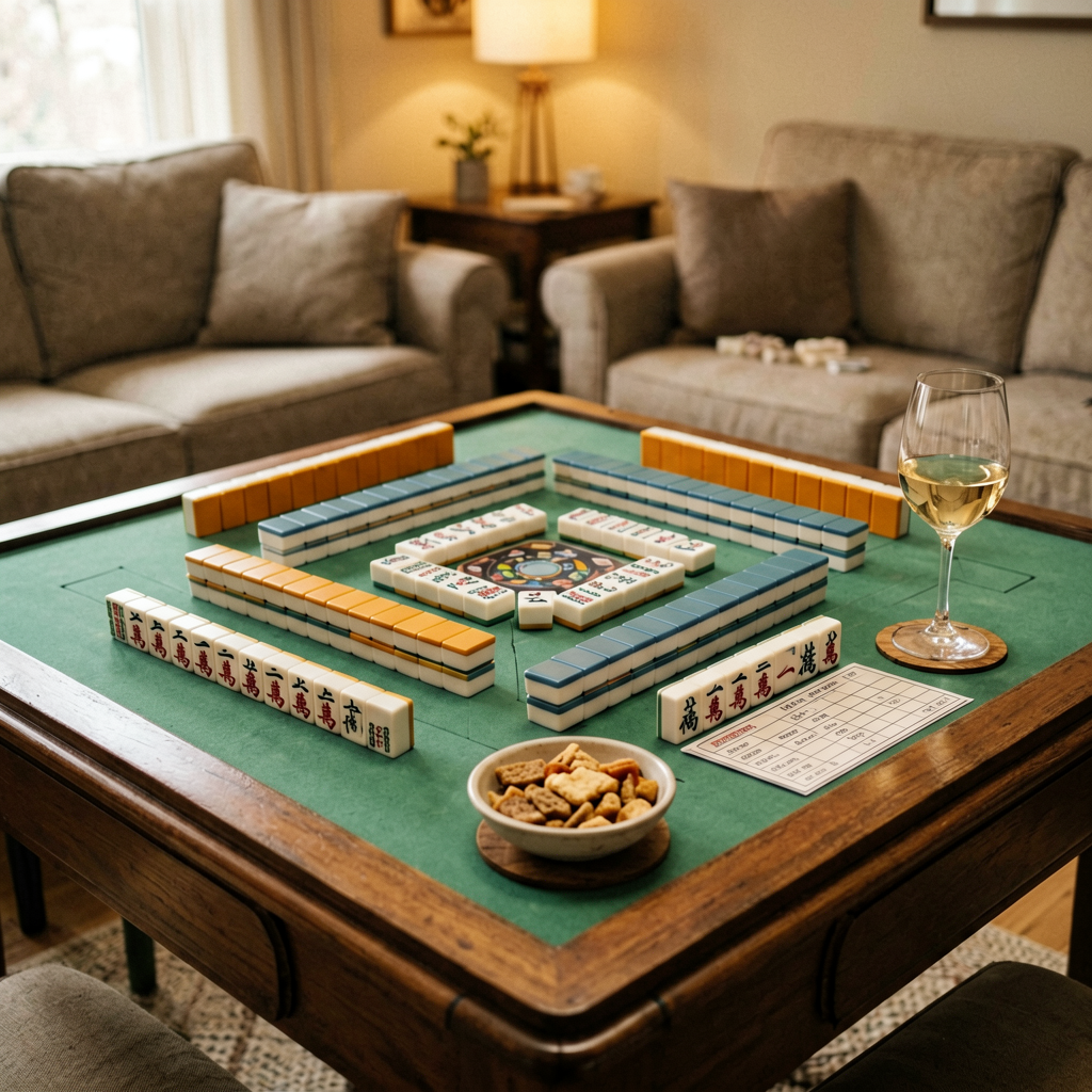 A set American mahjong table with tiles, score card, drink and snacks kept safely away