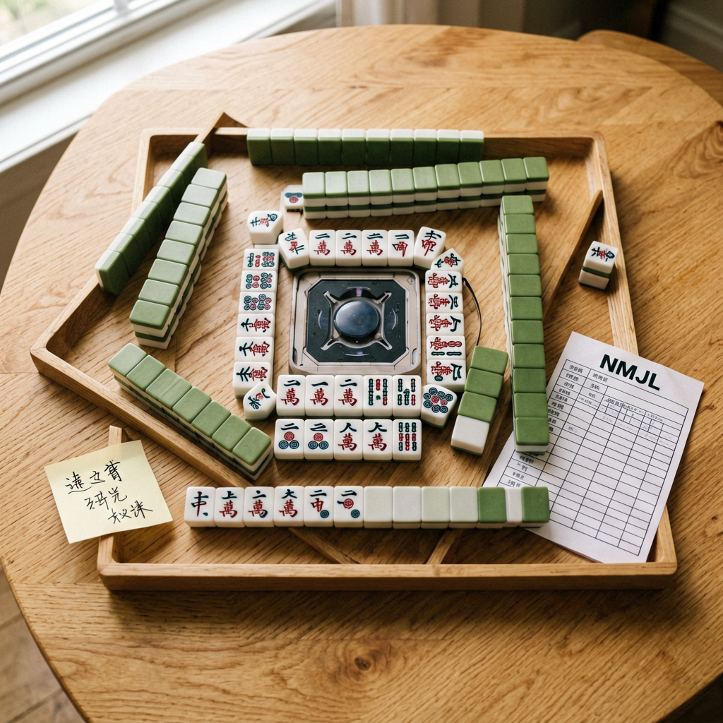 A mahjong rack with tiles sorted by suit beside a score card and a handwritten note