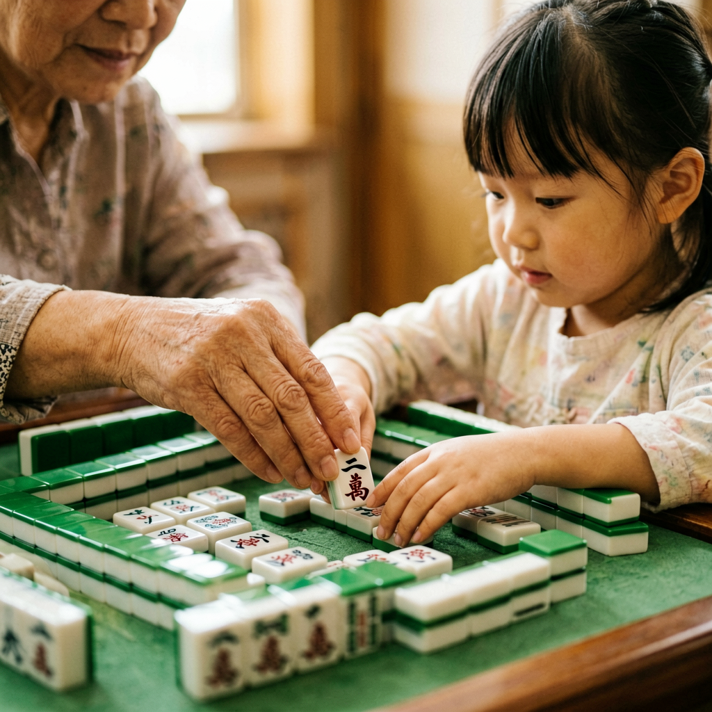 An older woman's hands guiding a young girl's hands as she places a mahjong tile on her rack