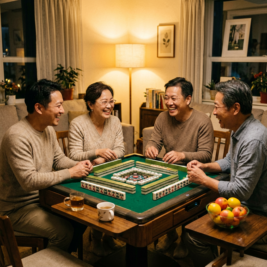 A multigenerational family playing mahjong together in a cozy living room