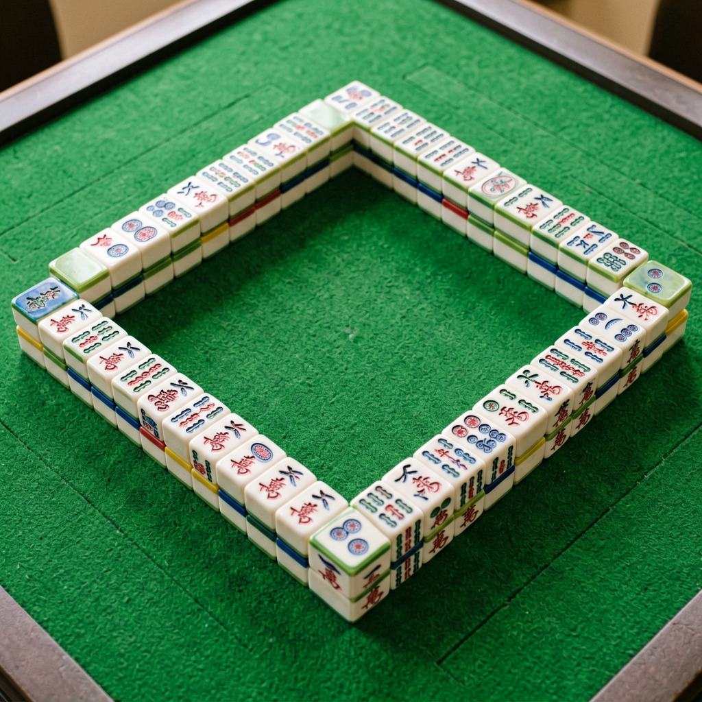An American mahjong wall of stacked tiles forming the four sides of a square on the table