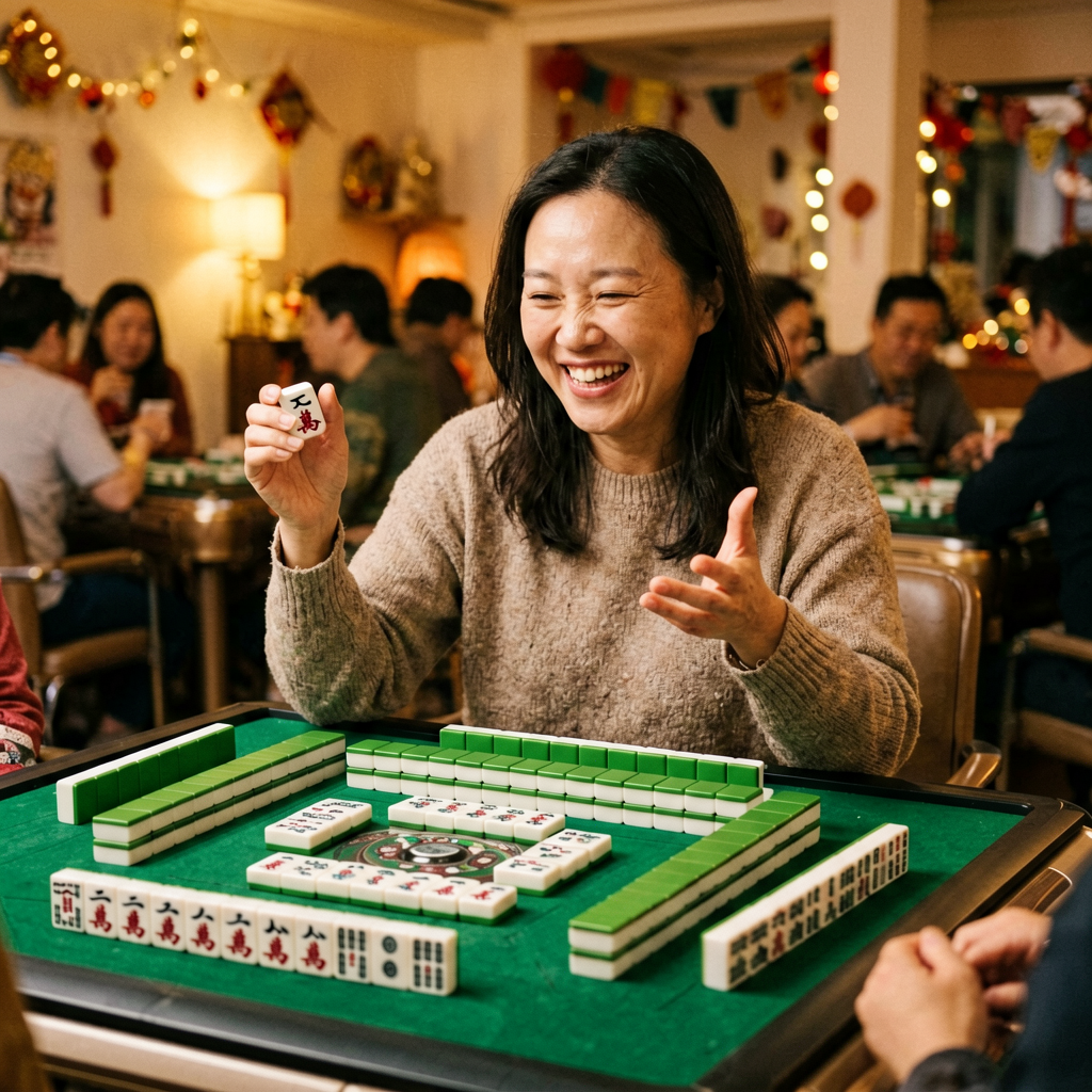 A happy player revealing a completed winning hand of American mahjong tiles