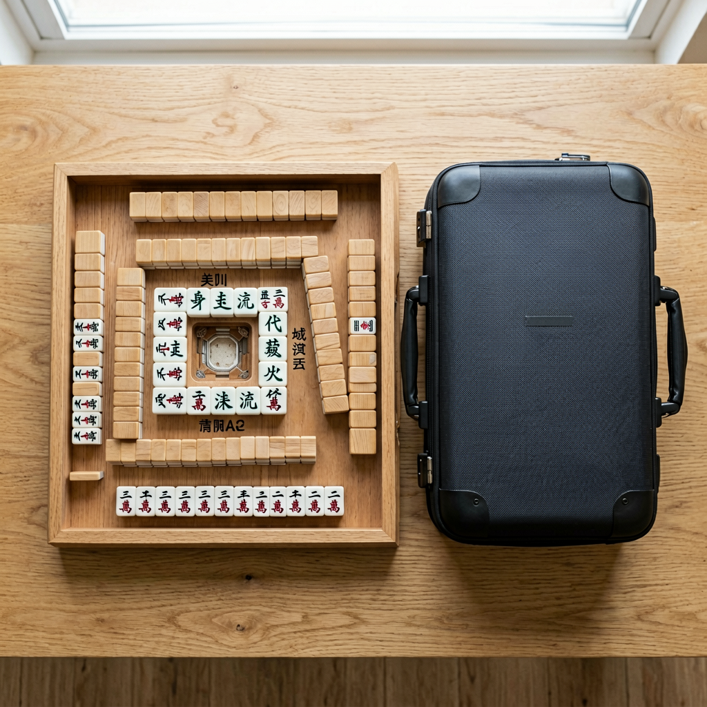 A wooden mahjong rack and a hard travel case on a table