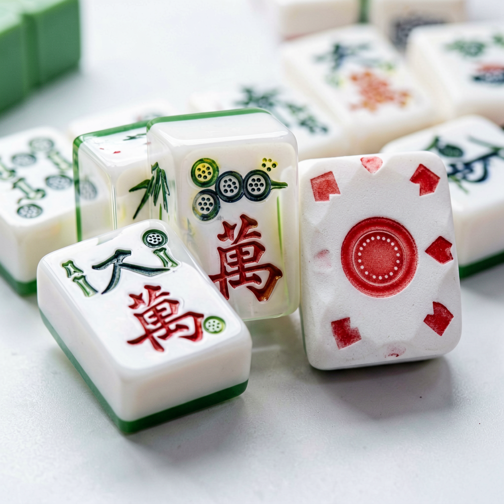 Close-up of American mahjong tiles showing engraved suits and a joker tile