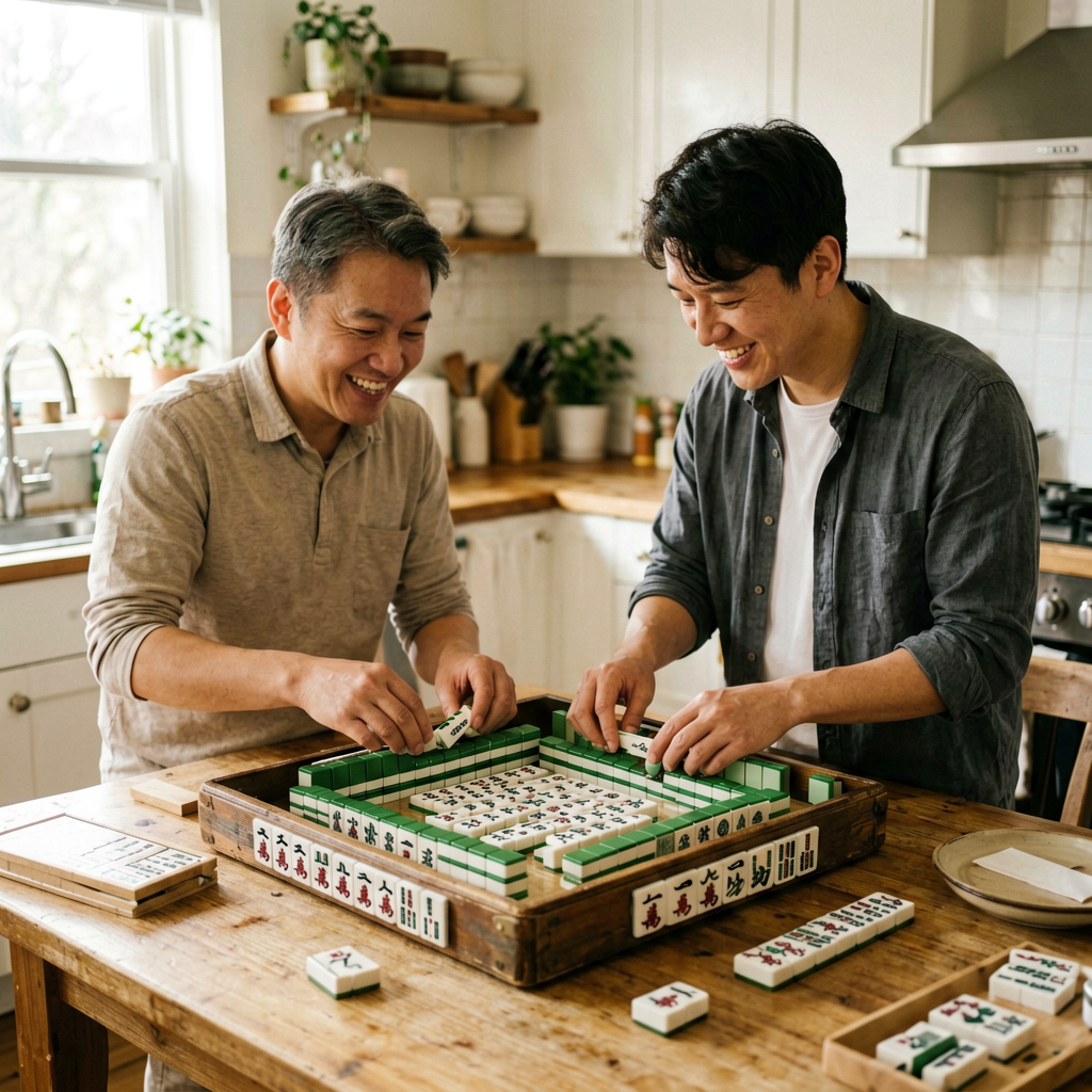 Two friends unboxing a new American mahjong set at a kitchen table