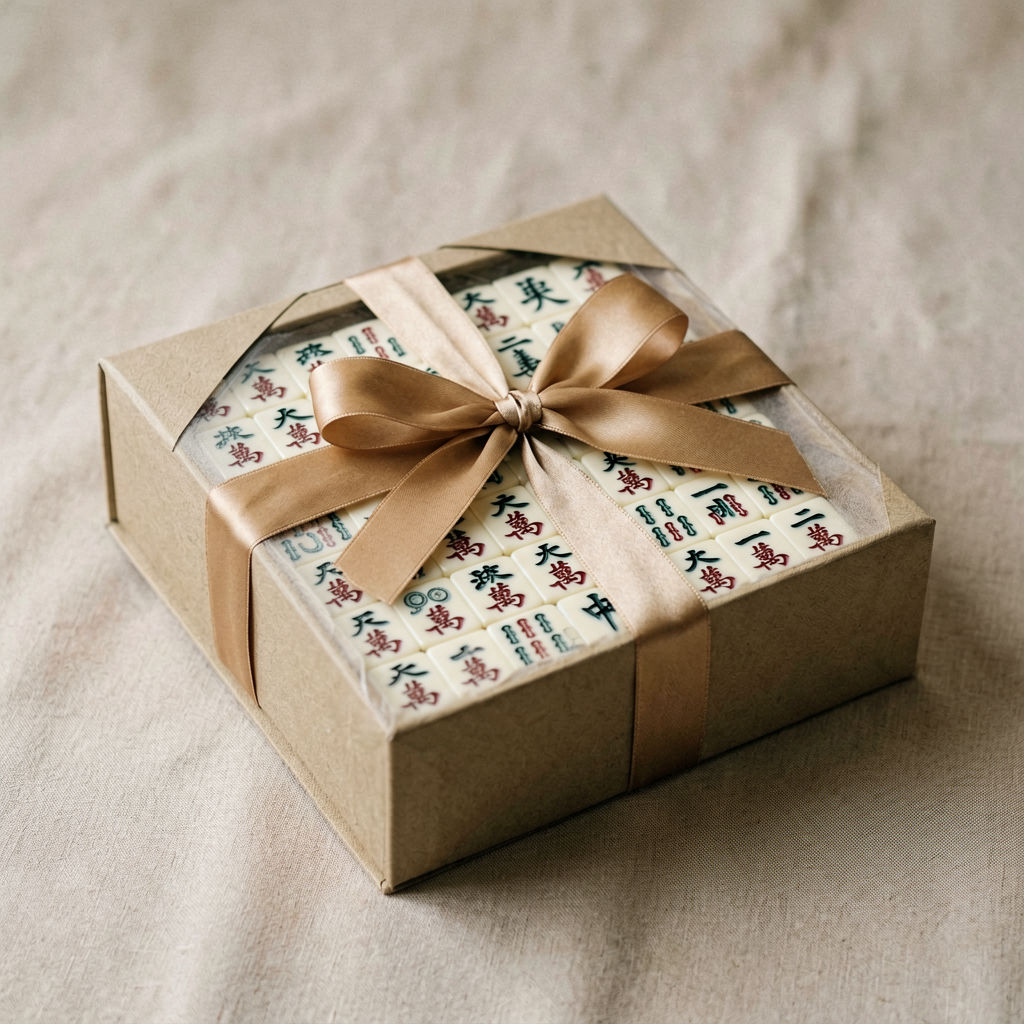 A wrapped mahjong gift box with personalized engraved tiles inside