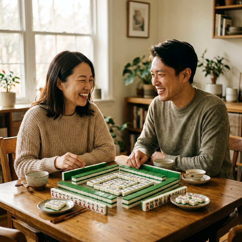 Friends sharing a mahjong tile set at a cozy home table