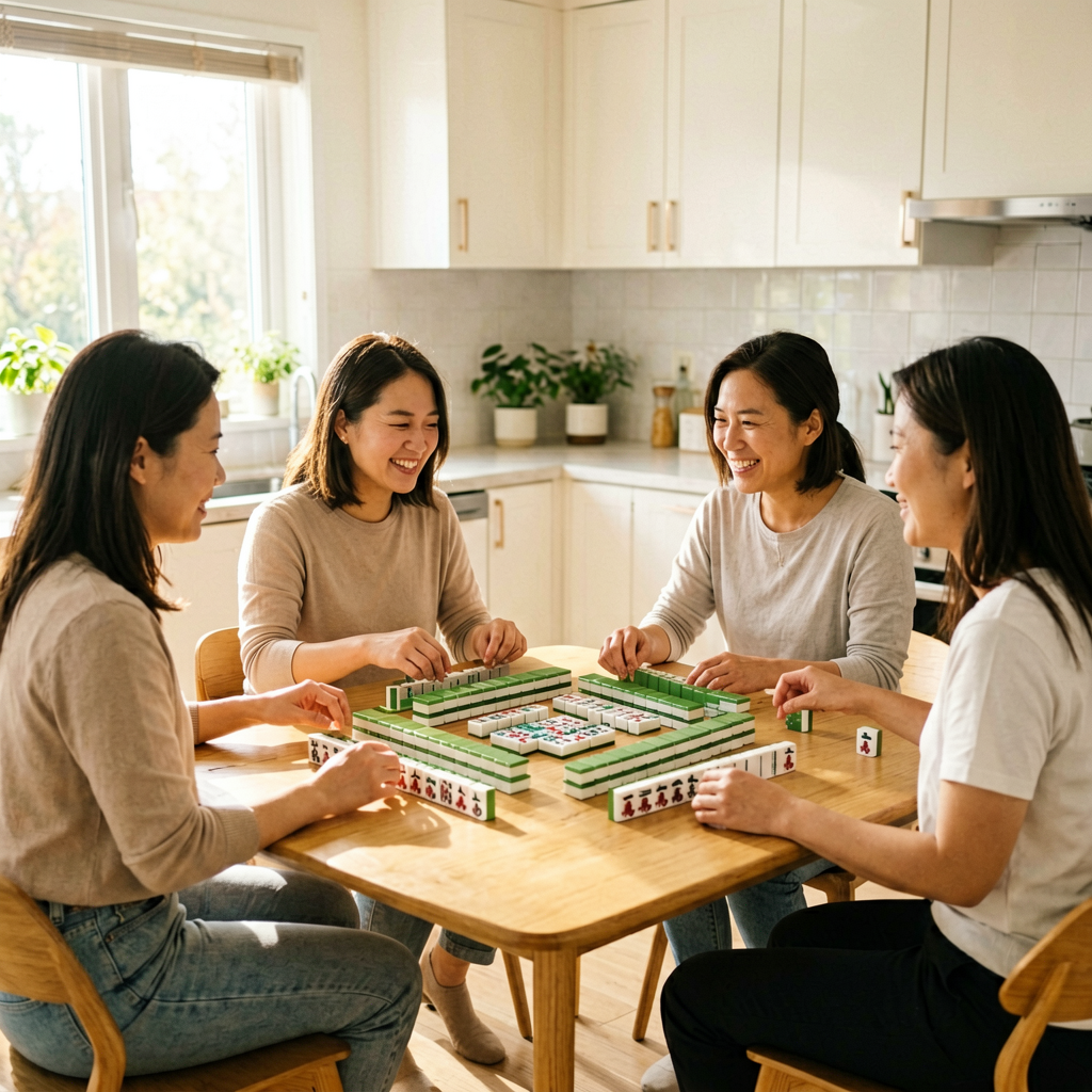Modern women playing American mahjong together at a sunny kitchen table