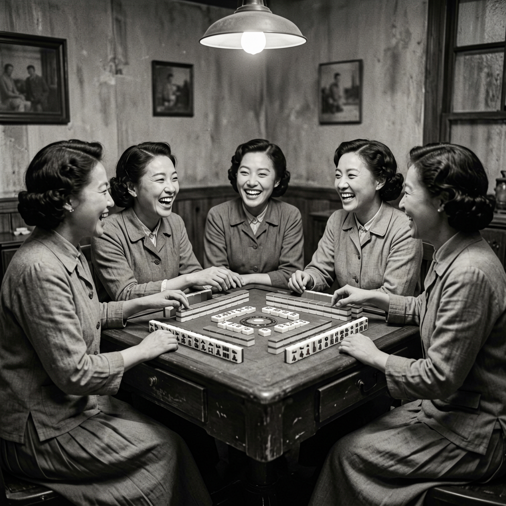 A 1930s group of women gathered around a mahjong table, laughing over the tiles