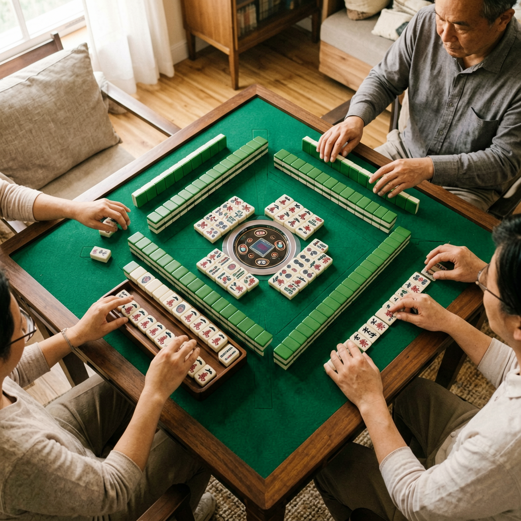 An American mahjong table prepared before guests arrive, tiles sorted, racks out, the hand card in the center
