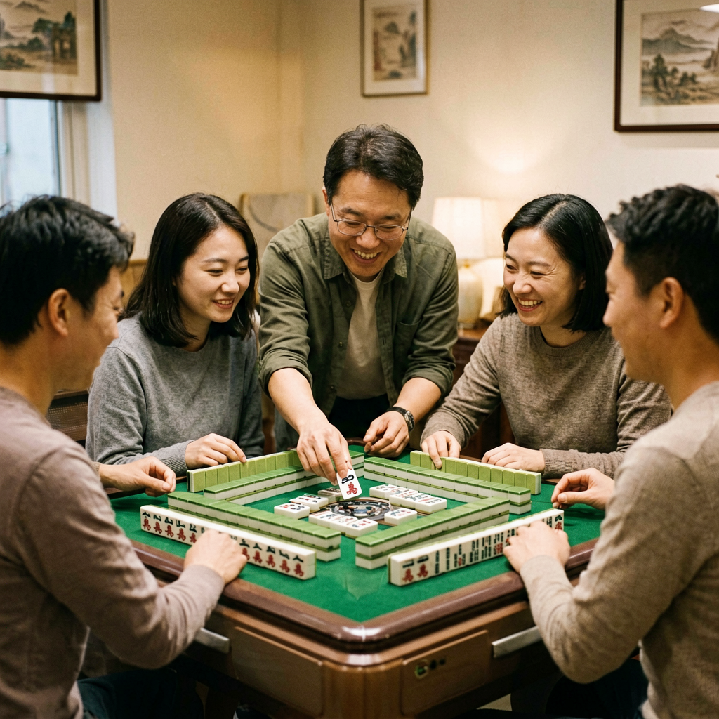 One person explaining the hand card to friends leaning over a mahjong table