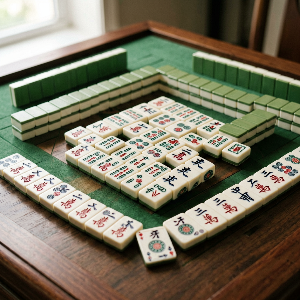 Close-up of a premium American mahjong tile set with engraved characters and joker tiles fanned out