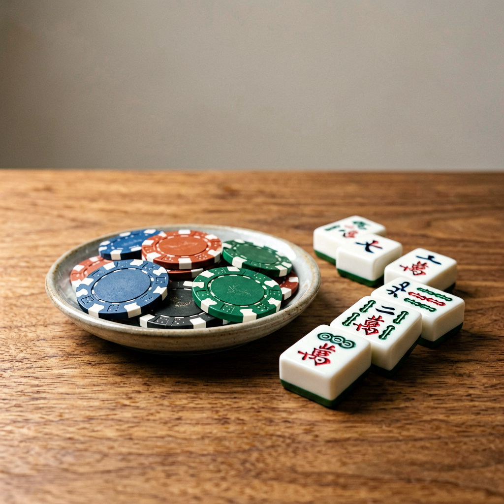 Poker chips and coins beside American mahjong tiles