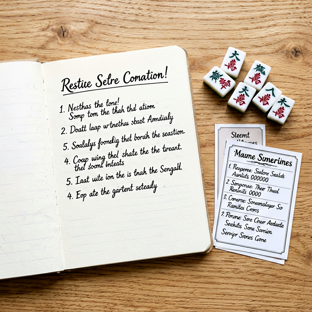 A handwritten list of house rules beside mahjong tiles and a rule card