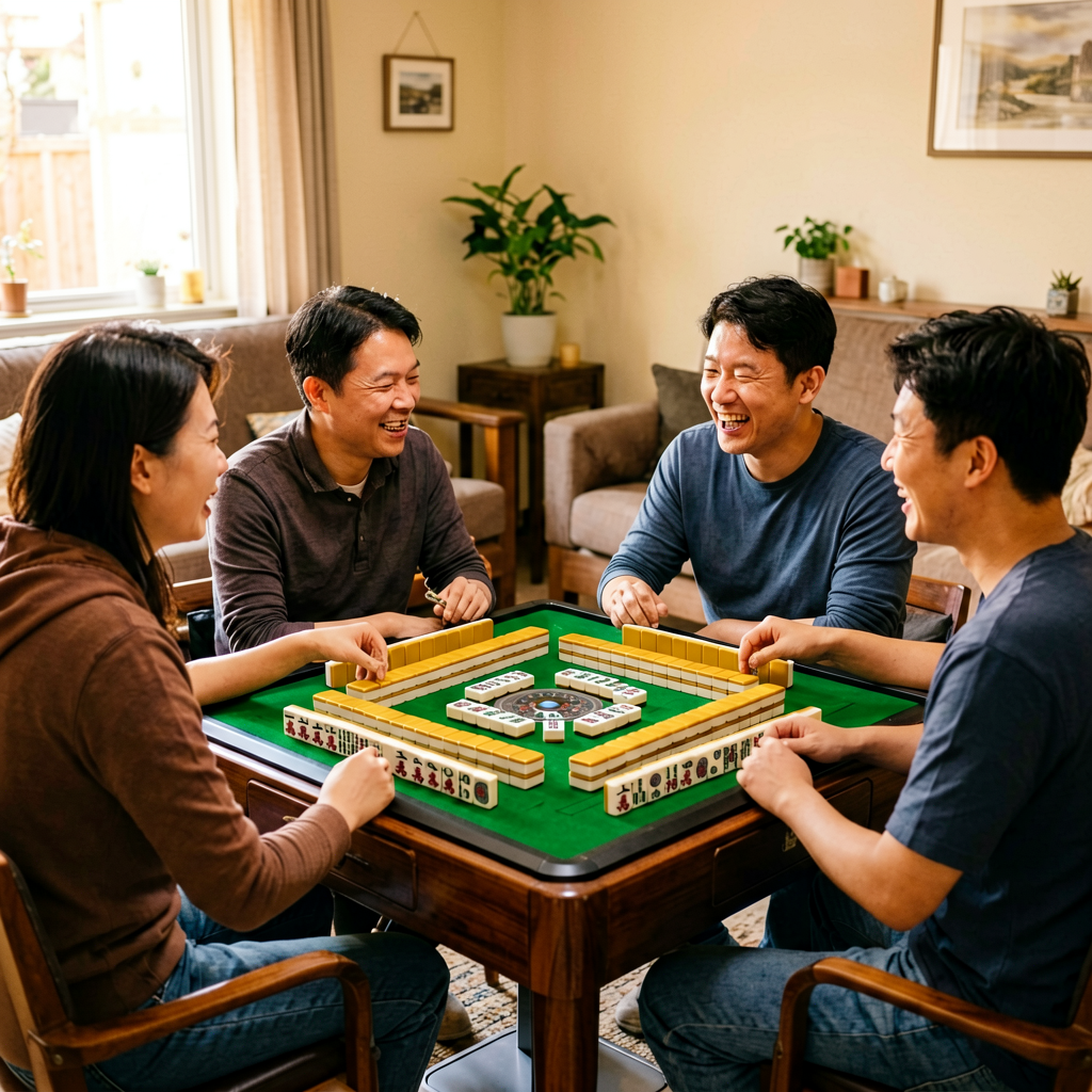 Four friends talking at a mahjong table before the game starts