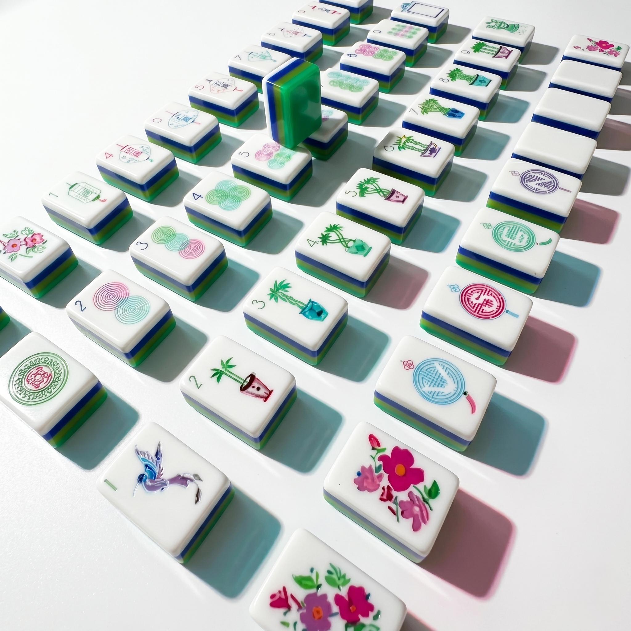 White Resin Floral Bamboo Mahjong Set — 166 Tiles
