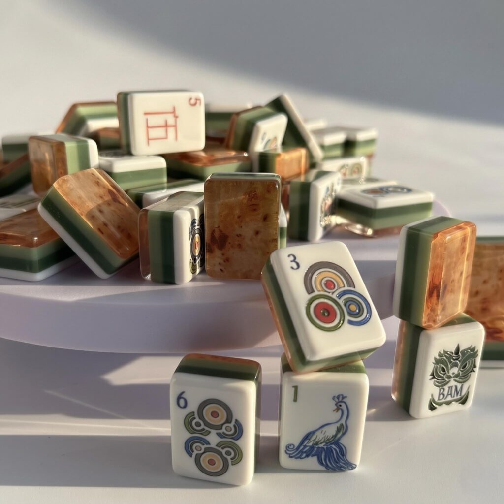 Lotus Peacock Sage & Amber Mahjong Set — 160 Acrylic Tiles