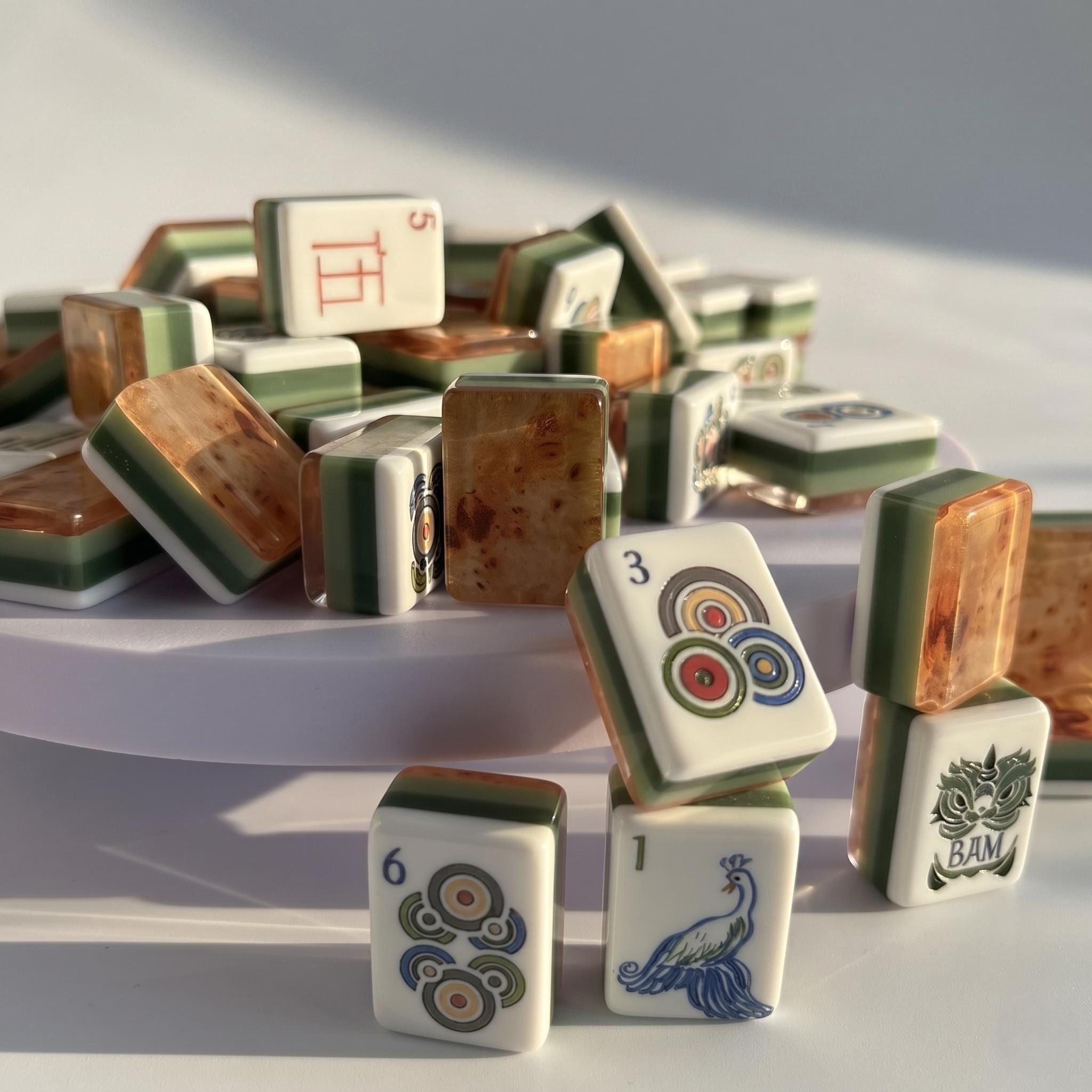 Lotus Peacock Sage & Amber Mahjong Set — 160 Acrylic Tiles
