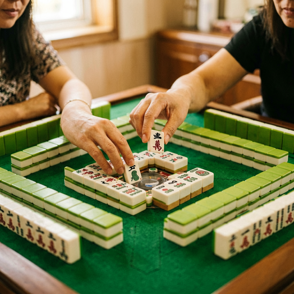 Hands swapping a real tile for a joker in an exposed set on an American mahjong table