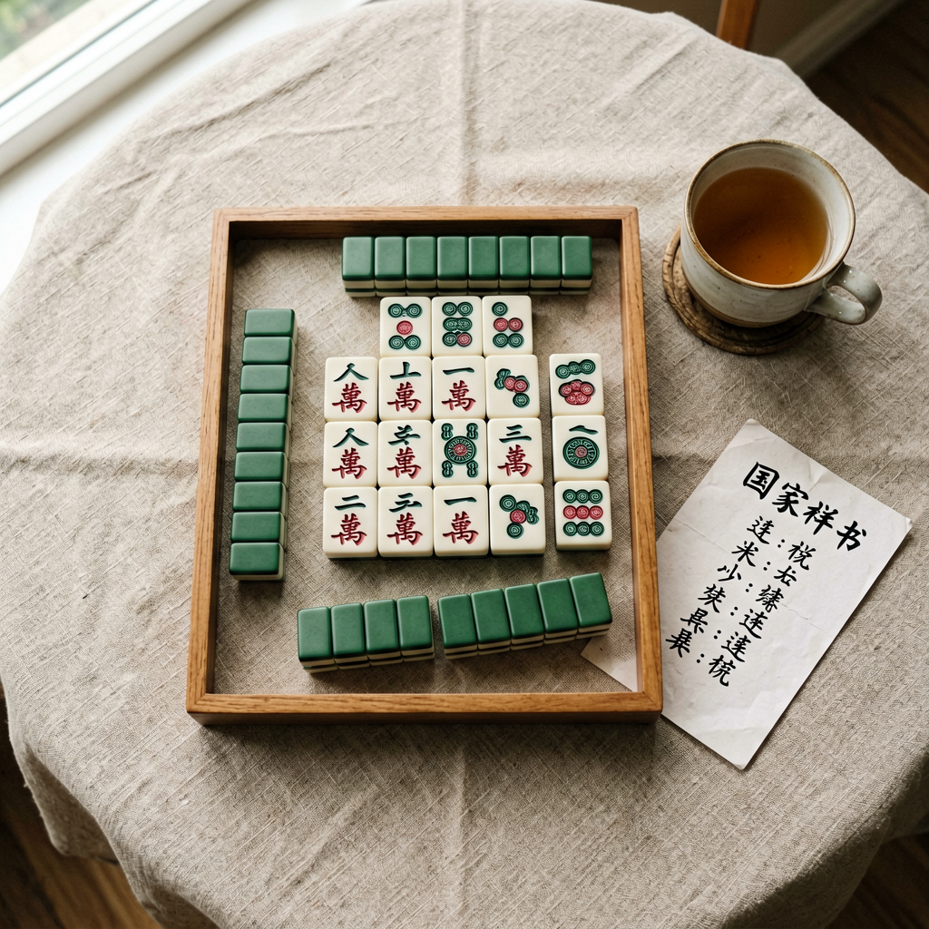 Overhead view of an American mahjong rack holding thirteen tiles including two jokers, next to a scoring card