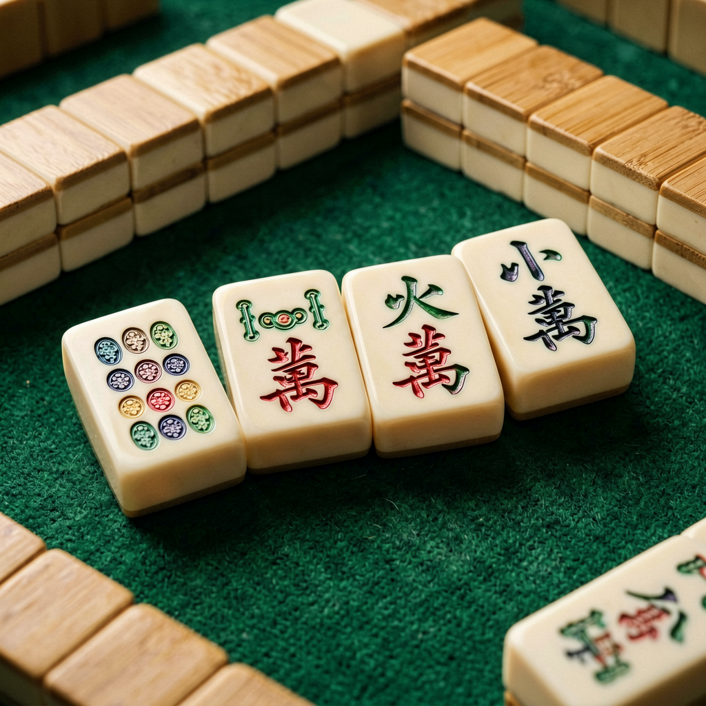 Macro photo of four American mahjong joker tiles beside standard bamboo and character tiles on green felt