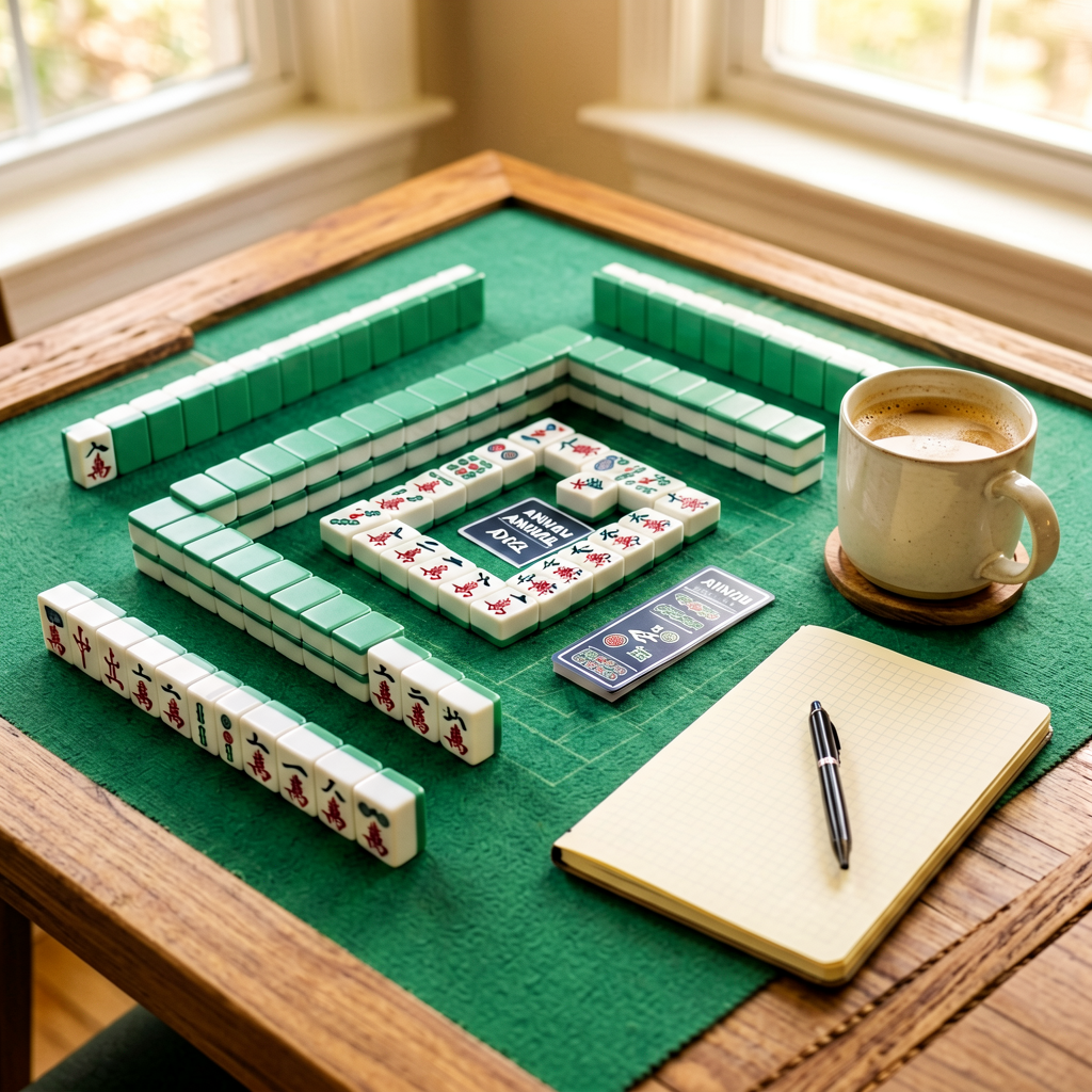 A quiet American mahjong practice setup with a rack, the annual card, and a notebook
