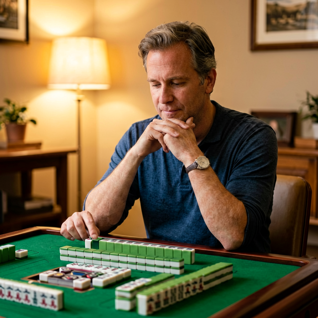 A patient American mahjong player thinking before discarding