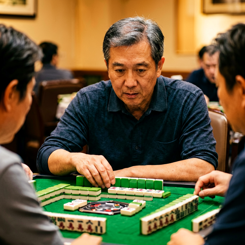 An American mahjong player watching the discard pile and opponents' exposed tiles
