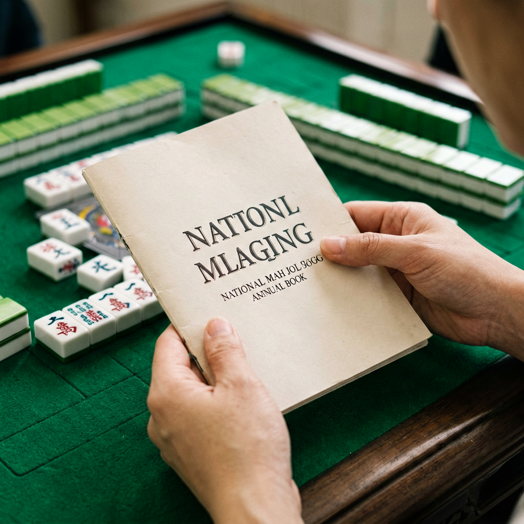 Hands holding the National Mah Jongg League annual card beside American mahjong tiles