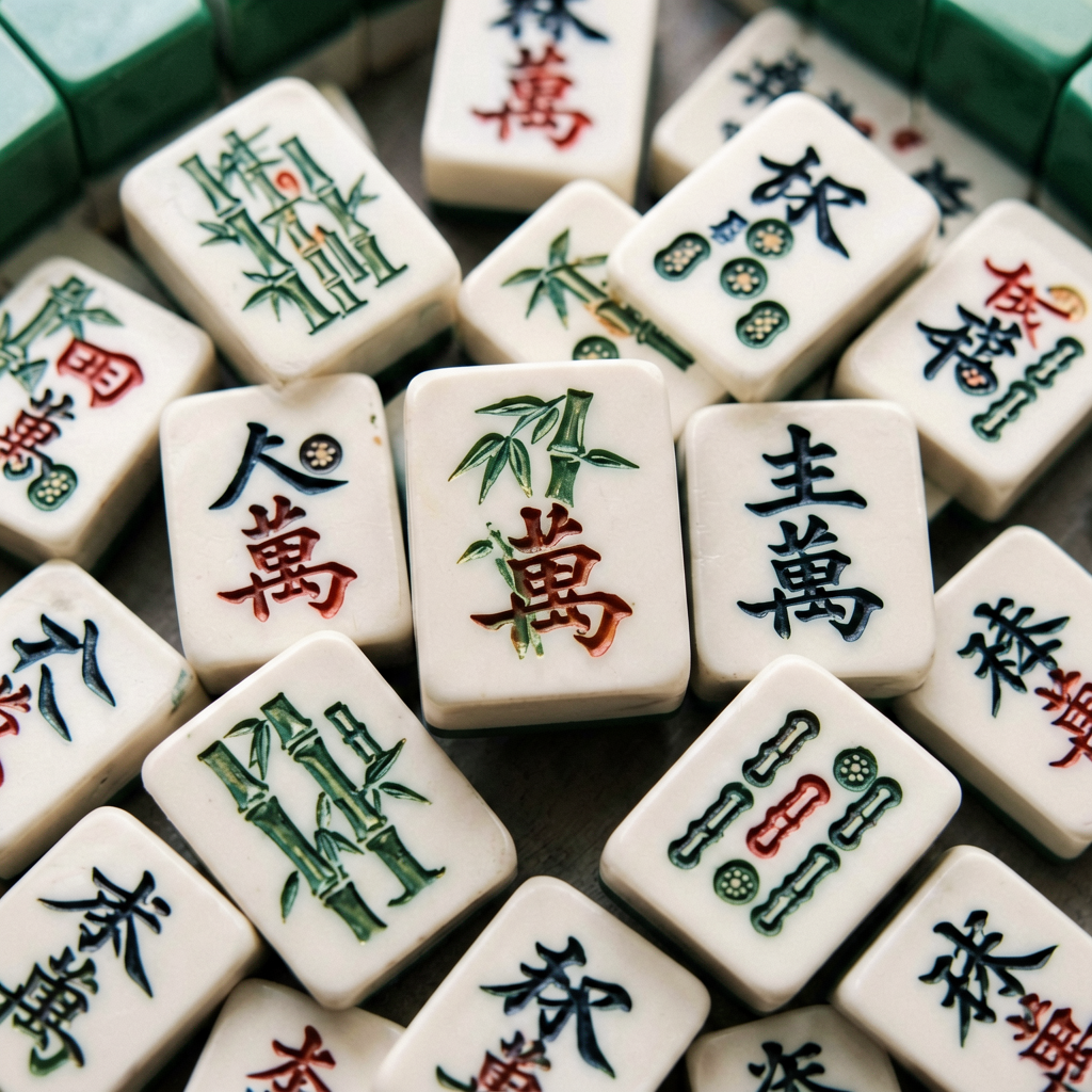 Close-up of American mahjong joker tiles among other engraved tiles