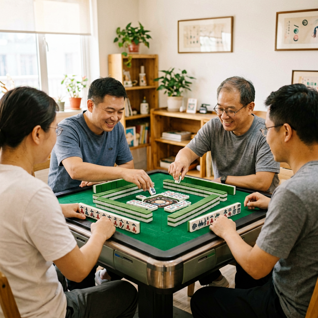 Players around an American mahjong table mid-game, one discarding a tile