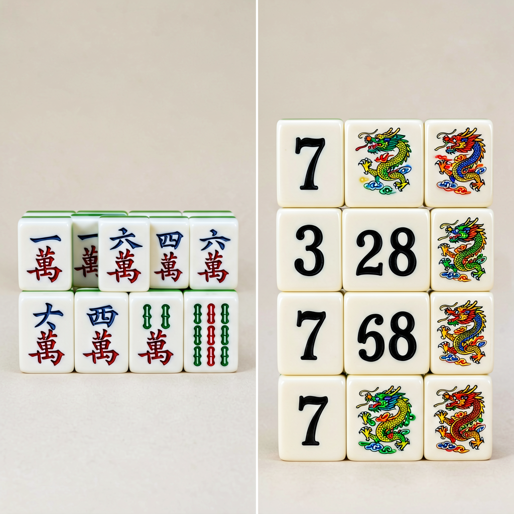 Traditional Chinese tiles compared with American numbered mahjong tiles